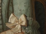 a painting of a woman in a green dress with a white bow