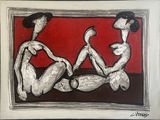 painting of two nudes in a red room with a black and white frame