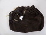 brown sued purse with chain strap and gold hardware