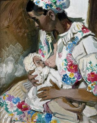 an oil painting of a woman holding a baby in her arms