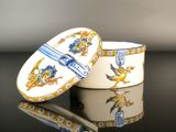 a white box with a blue and yellow design on it