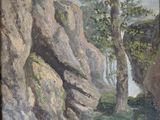 an oil painting of a mountain scene with trees and rocks