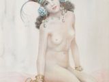 une image représentant un tableau d'une femme nue coiffée d'une coiffe à plumes