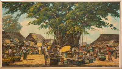tableau représentant une scène de marché avec un grand arbre en arrière-plan