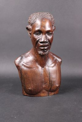 an image of a wooden bust of a man on a black background