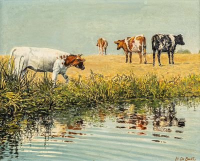 un tableau représentant des vaches au bord de l'eau par une journée ensoleillée