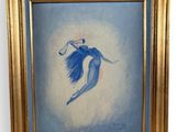 painting of a blue bird flying in the sky in a gold frame