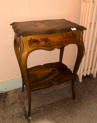 a small table with a shelf on it in a room