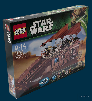 une boîte contenant des sets Lego Star Wars sur fond bleu