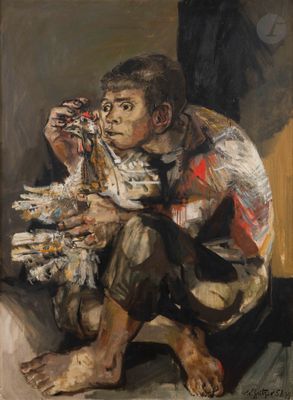 an oil painting of a man sitting on the ground holding a piece of paper