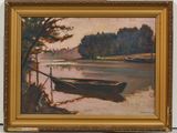 an oil painting of a boat on a lake with trees in the background