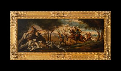 an image of a painting of a group of men on horseback in a wooded area