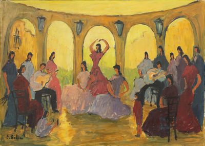 une peinture à l'huile représentant un groupe de personnes jouant d'un instrument dans une pièce