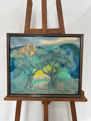 une peinture à l'huile représentant un paysage avec des arbres, posée sur un chevalet