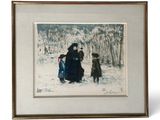painting of a woman and two children in the snow with a dog