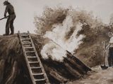 un tableau représentant un homme debout au sommet d'une colline, à côté d'une échelle