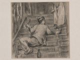 drawing of a man sitting on the steps of a building