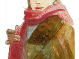 painting of a woman in a brown coat and pink scarf
