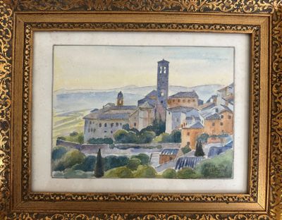 une image représentant un tableau d'une ville avec une tour horloge