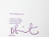 purple ink on a white paper with a picture of a person holding a kite
