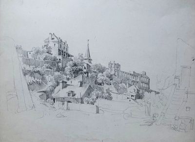 esquisses d'un dessin représentant un château situé sur une colline, avec une tour horloge