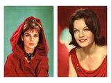 two pictures of a woman with a red hoodie