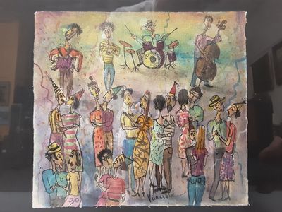 tableau représentant un groupe de personnes jouant d'un instrument dans une pièce