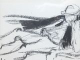 drawing of a man and a woman sitting on a beach with a surfboard