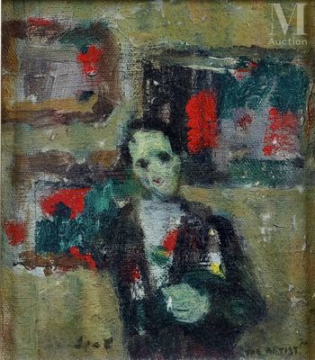 une peinture à l'huile représentant une femme assise sur une chaise, tenant une fleur rouge à la main