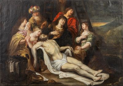 an image of a painting of jesus on the cross with other people