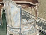 a painting of a chair and a table in a room