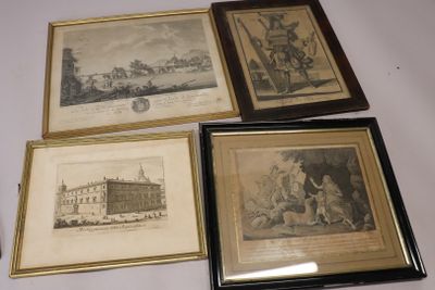 three framed prints of a castle and a man on a horse
