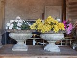 two large vases of flowers on a table