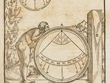 un vieux dessin représentant un homme debout à côté d'une horloge
