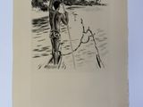 dessin représentant un homme debout sur une planche de paddle dans l'eau
