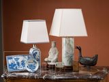 une table sur laquelle se trouvent une lampe et un cadre photo