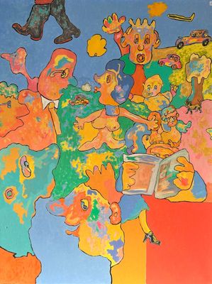 a painting of a group of people on a wall