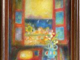an oil painting of flowers in a vase on a table in front of a window