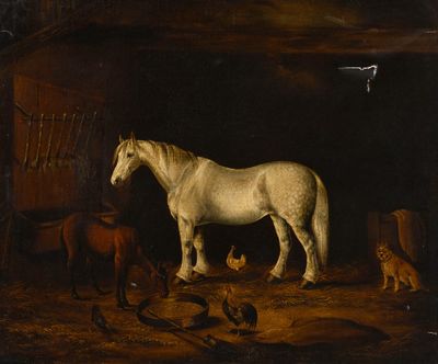 tableau représentant un cheval blanc debout dans une grange avec d'autres animaux