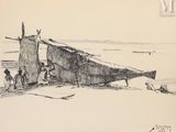 un dessin représentant un bateau sur le rivage d'une plage