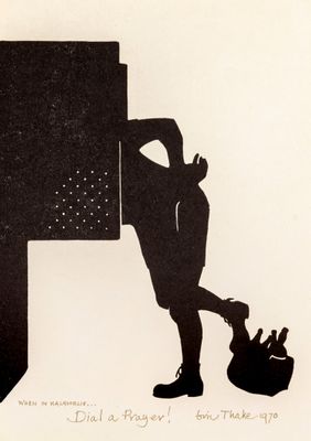 a black and white drawing of a man standing next to a door