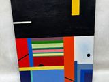 une peinture abstraite représentant un motif géométrique noir, rouge, jaune, bleu, vert et rouge