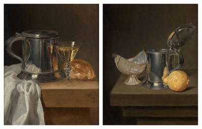 two pictures of a still life with bread and wine