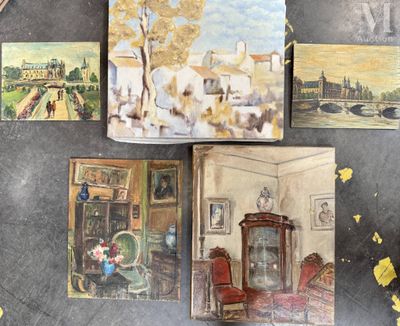 four paintings on a table with a clock and pictures on it