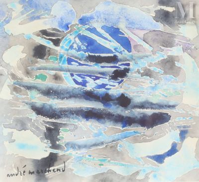 aquarelle représentant un bateau sur un plan d'eau sous un ciel nuageux