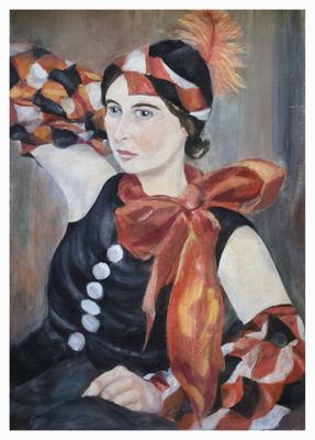 painting of a woman in a black dress with a red and white hat