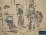 a drawing of a man riding a horse next to a woman on a horse