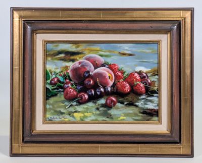 tableau représentant une nature morte composée de cerises, de pêches et encore de cerises posées sur une table