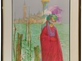 tableau représentant une femme vêtue d'une robe rouge et d'un chapeau rose sur une jetée