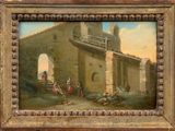 an old painting of a building with people outside of it